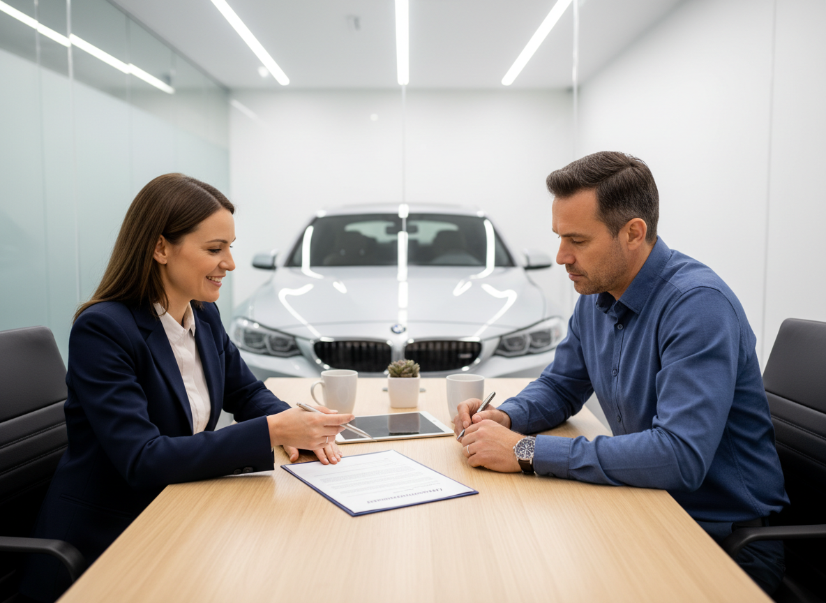 A car insurance agent and a customer signing documents at a desk, with a car windshield visible in the background, professional and friendly atmosphere, photorealistic, clean modern office setting