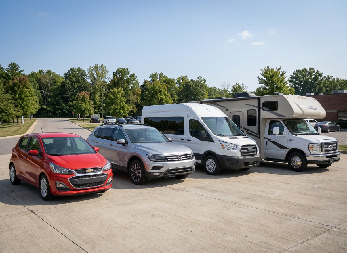 A professional auto glass technician working on different types of vehicles — a sedan, an SUV, and a van lined up in a modern garage. Clean, professional workshop lighting, photorealistic style.