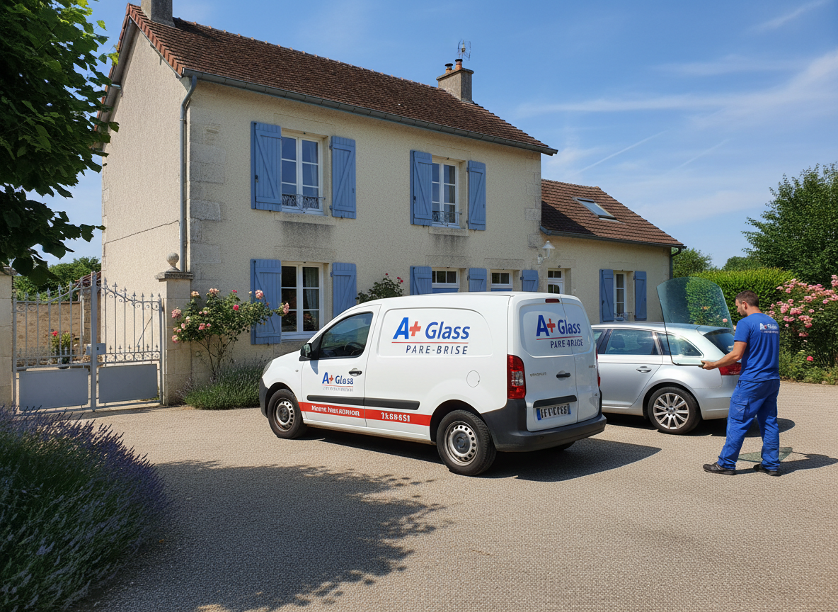 Camion A+ Glass garé devant une maison, déplacement à domicile